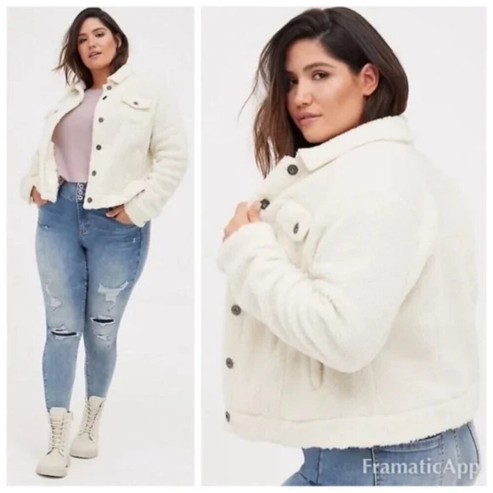 TORRID Women Faux Shearling Trucker Button Front Jacket Sz XL White Casual hg-19